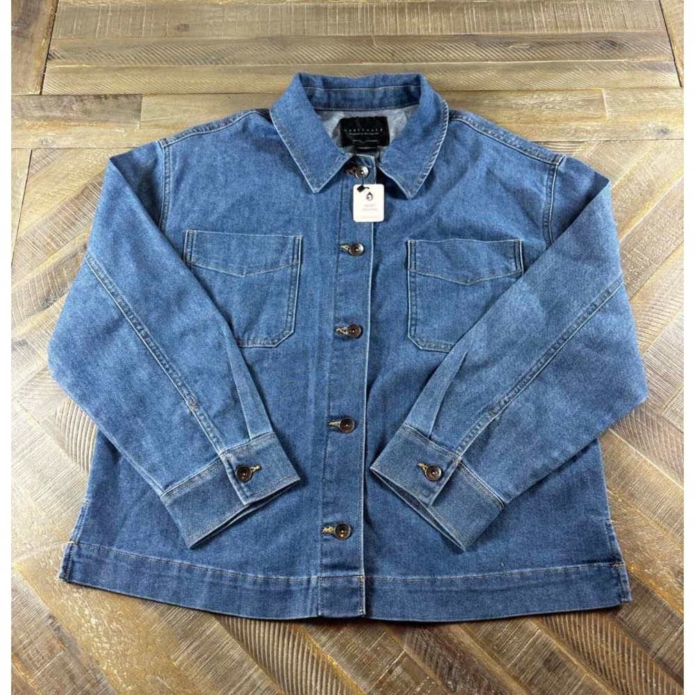 Sanctuary Womens Denim Shacket Medium Wash Blue Button Front Jacket Size L NEW